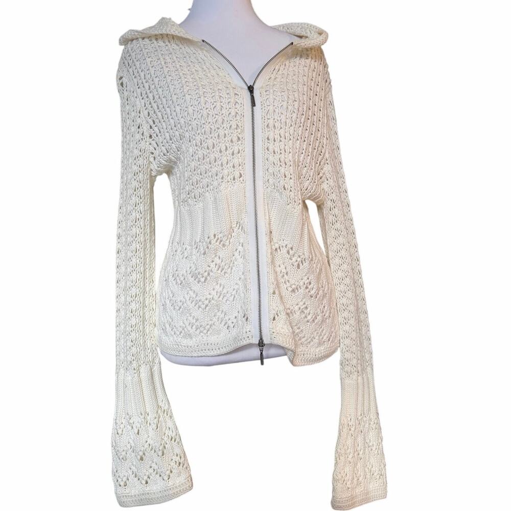Cabi Crochet Knit Zip Hoodie Sweater Cream Boho Bell Sleeve Fitted Cotton M